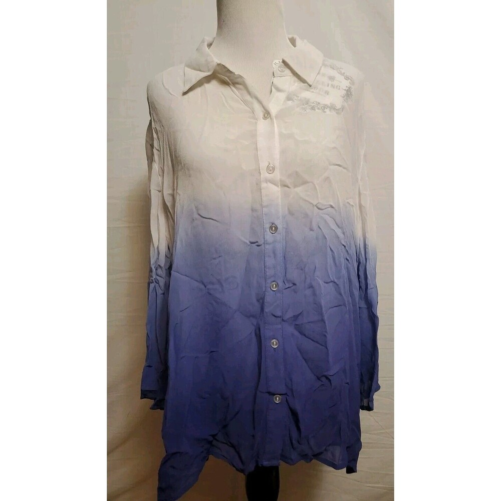 Chicos Purple White Ombre Bell Sleeve Button Up Top Blouse Shirt Size 2/ Medium
